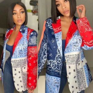 NWT Blue Red White Multi Bandana Print Open Front Blazer